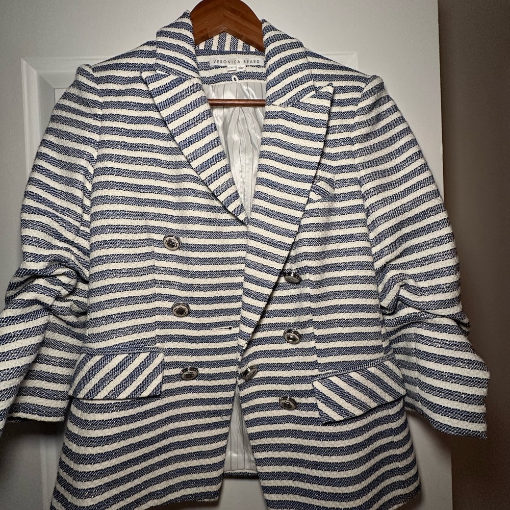 Veronica Beard Navy and White Striped Double-Breasted Blazer